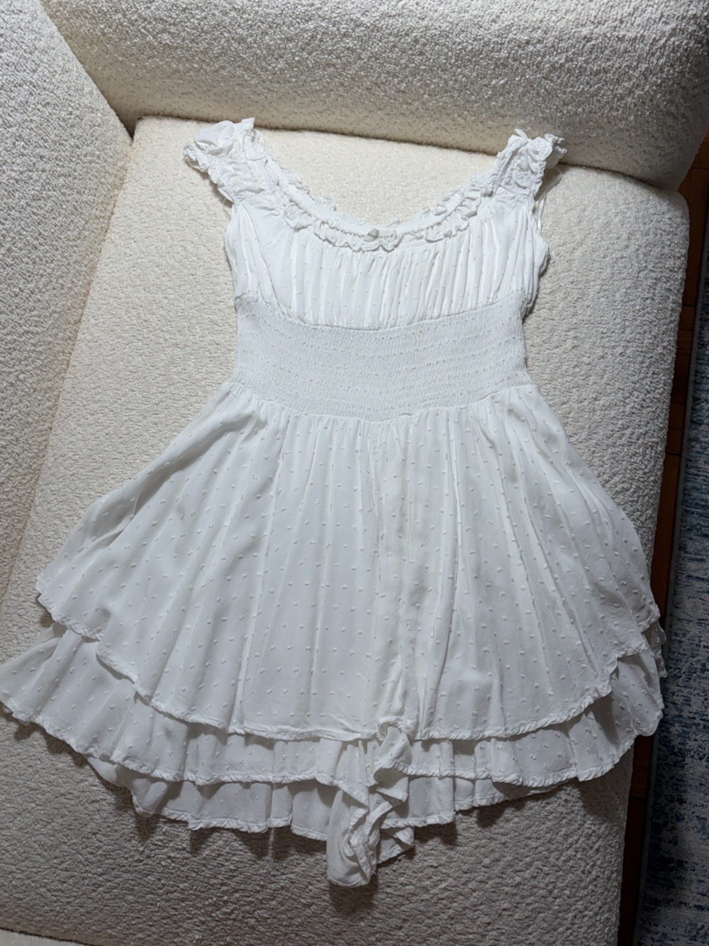 Urban Outfitters White Smocked Romper with Ruffle Details